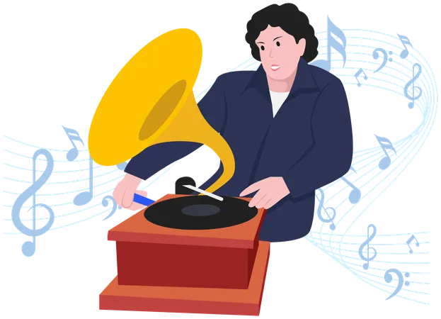 Playing music on phonograph  Illustration