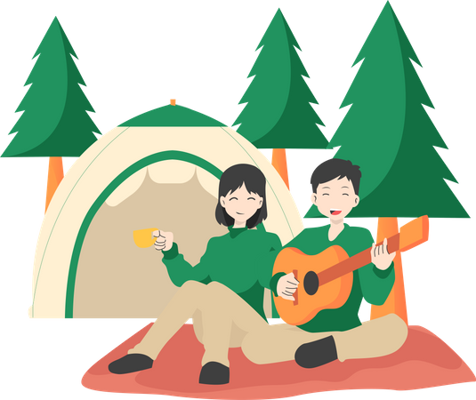 Playing The Guitar When Camping Illustration