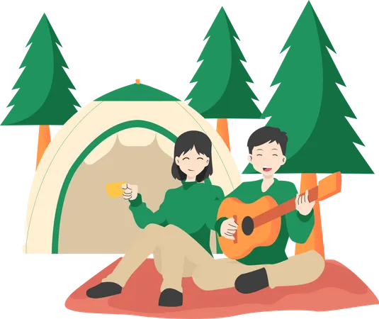Playing The Guitar When Camping Illustration