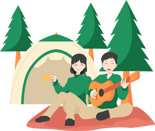 Playing The Guitar When Camping  Illustration