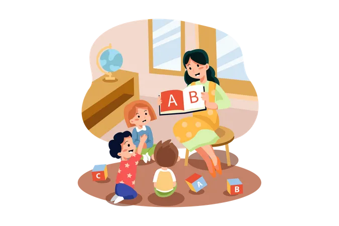 Playschool teacher teaching alphabets to kids  Illustration