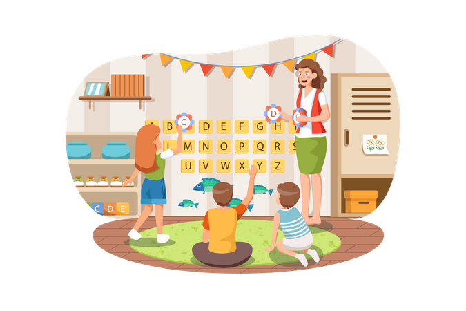 Playschool teacher teaching alphabets to kids  Illustration