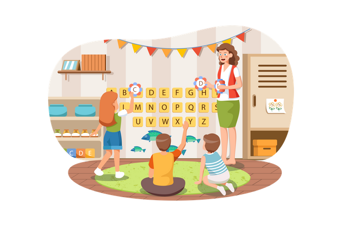 Playschool teacher teaching alphabets to kids  Illustration