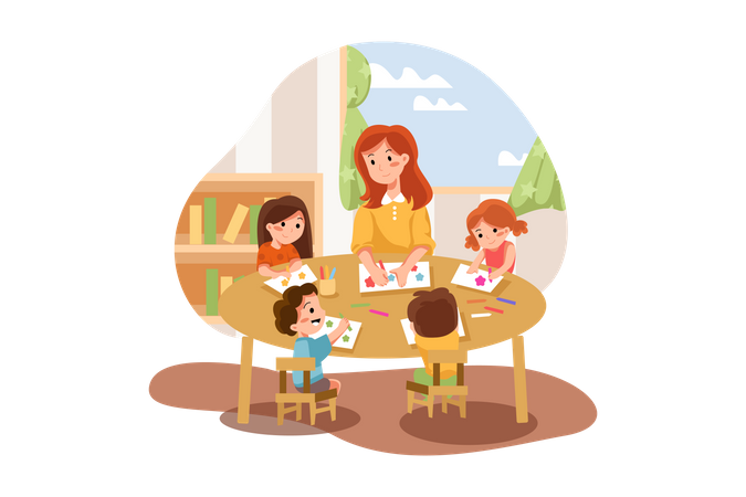 Playschool teacher teaching painting to kids  イラスト