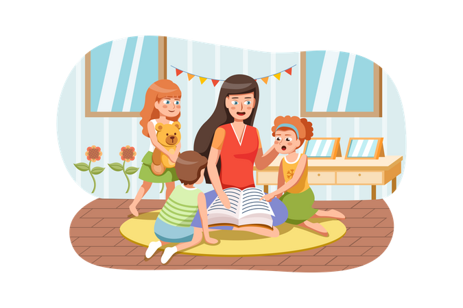 Playschool teacher telling stories from book to kids  Illustration