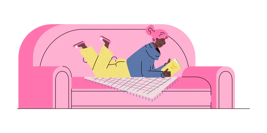 Pleasant reading banner with cartoon woman lying on pink sofa holding a book Illustration