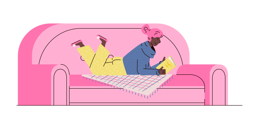 Pleasant reading banner with cartoon woman lying on pink sofa holding a book  Illustration