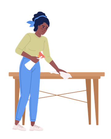 Pleased adult lady wiping table with cloth  Illustration