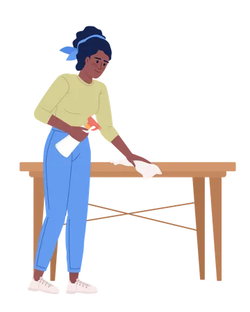 Pleased adult lady wiping table with cloth Illustration