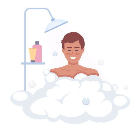 Pleased man enjoying shower with soap foam  Illustration