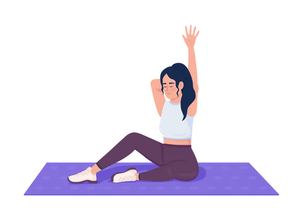 Pleased Woman Stretching Arm Muscles On Mat Semi Flat Color Vector Character Editable Figure Full Body Person On White Simple Cartoon Style Illustration For Web Graphic Design And Animation Illustration