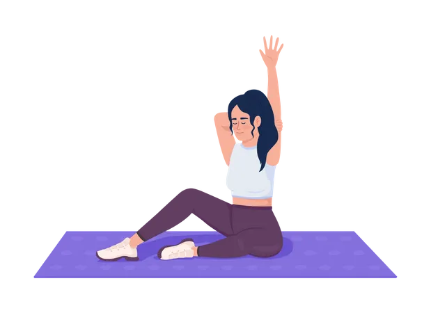 Pleased woman stretching arm muscles on mat  Illustration