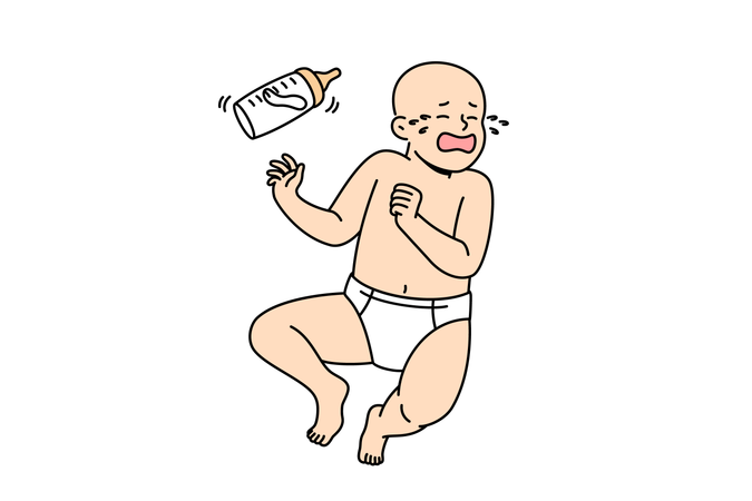 Les pleurs du nouveau-né dus au manque de lait maternel et à l'utilisation d'aliments pour bébés contenant des produits chimiques  Illustration