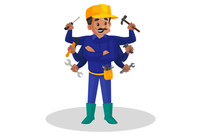 Plombier tenant des outils de plomberie à la main  Illustration
