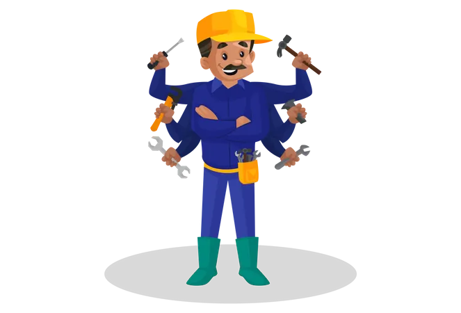 Plombier tenant des outils de plomberie à la main  Illustration