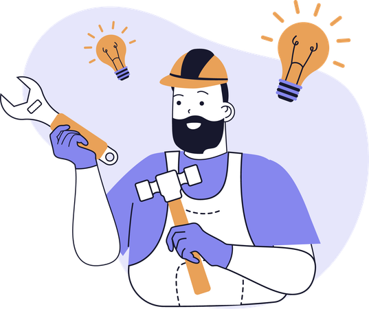 Le plombier travaille avec des outils de construction  Illustration