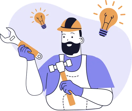 Le plombier travaille avec des outils de construction  Illustration