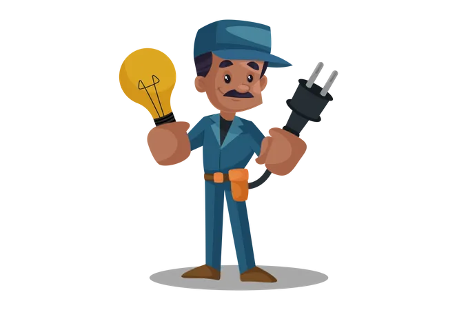 Eletricista segurando plugue e lâmpada  Ilustração