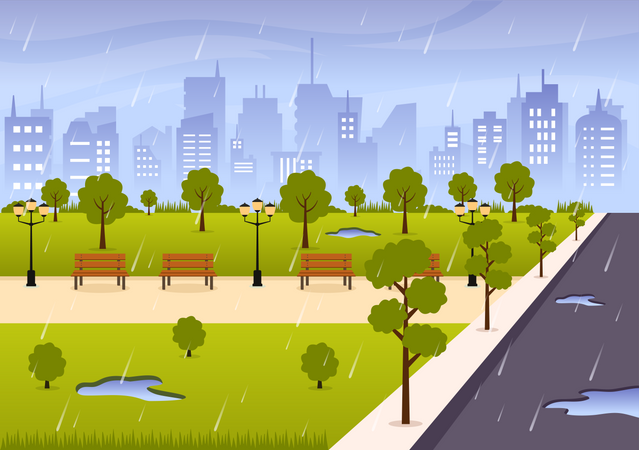 Tempête de pluie dans le parc de la ville  Illustration