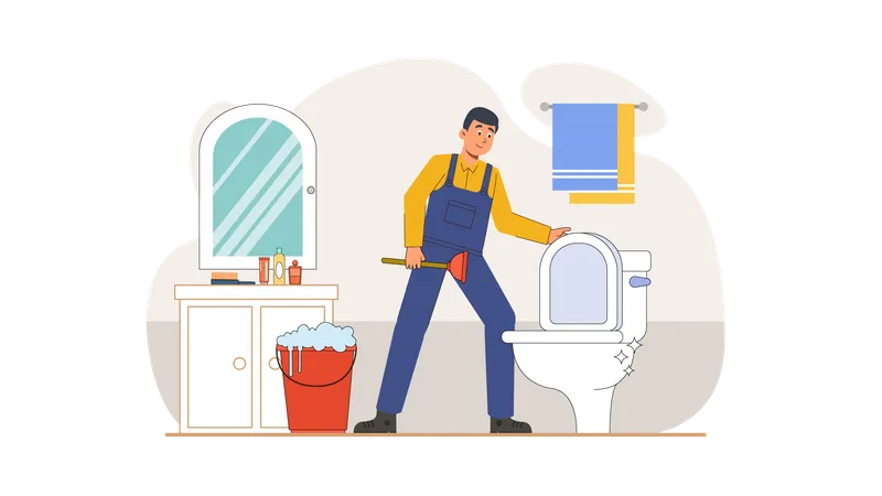 Plumber cleaning toilet  Illustration