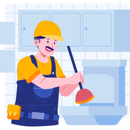 Plumber cleaning toilet using plunger  イラスト