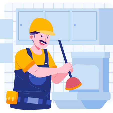 Plumber cleaning toilet using plunger  Illustration