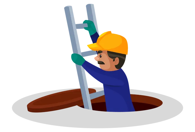 Plumber coming out of hole using ladder  Illustration