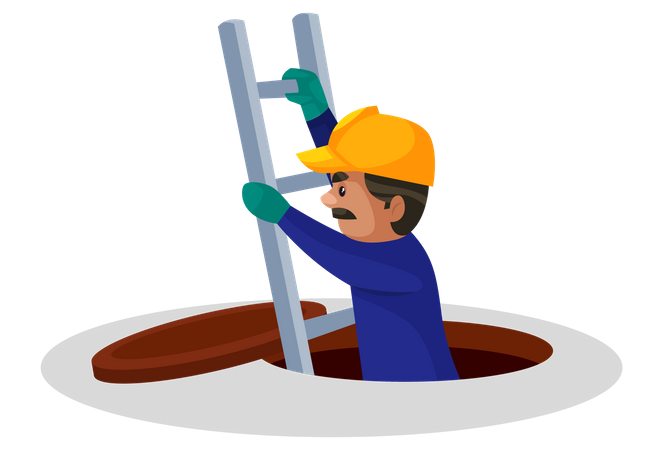 Plumber coming out of hole using ladder  Illustration