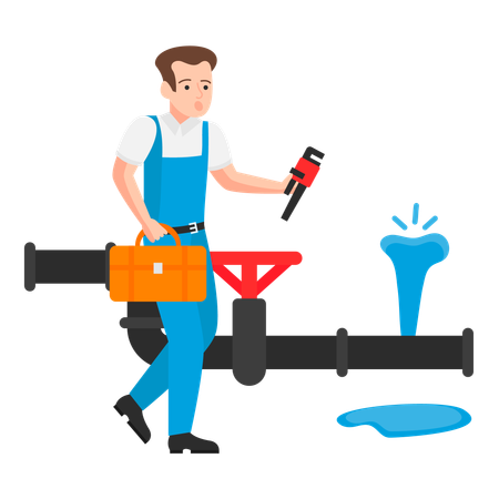 Plumber diagnosing and repairing a pipe leakage  Illustration