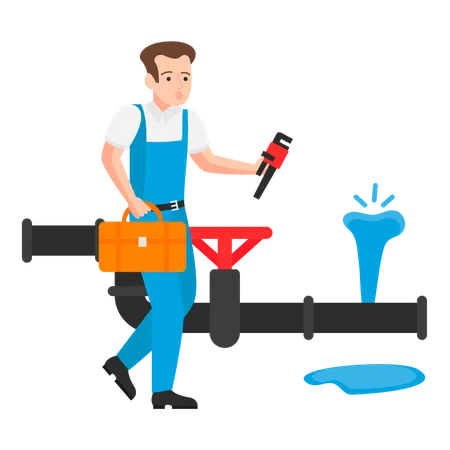 Plumber diagnosing and repairing a pipe leakage  Illustration