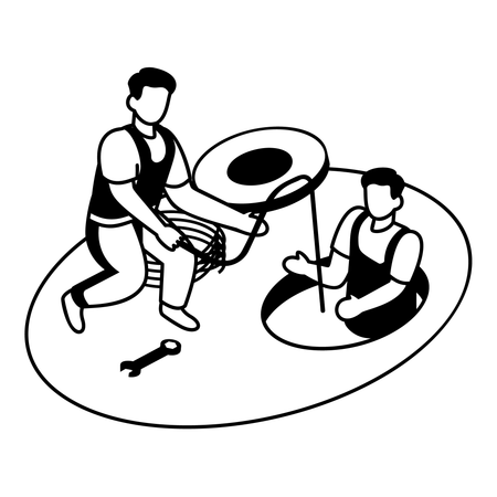 Plumber evaluating and correcting a drainage problem  Illustration