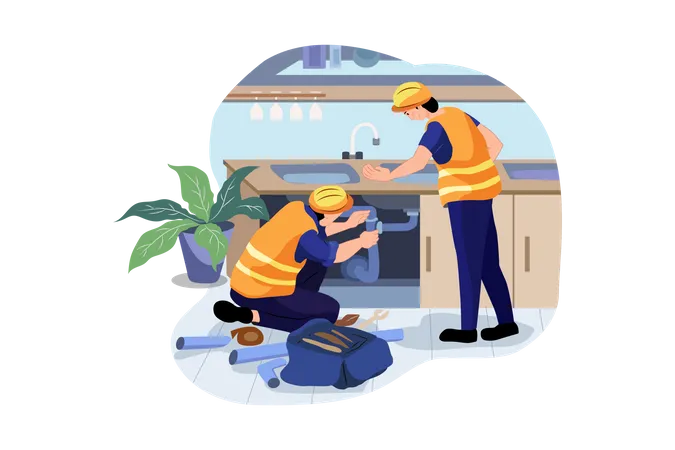Plumber fixing drainage pipe at house sink  Illustration