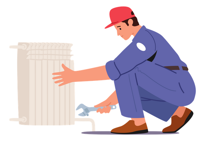Plumber fixing heating pipes Illustration