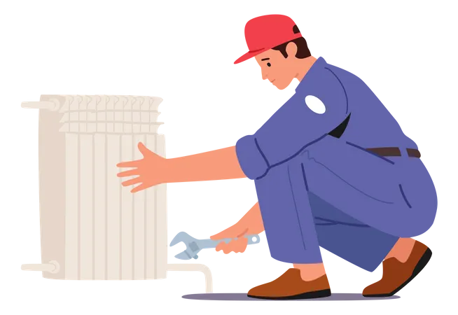 Plumber fixing heating pipes  Illustration