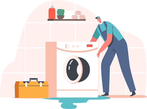 Plumber fixing issues with washing machine Illustration