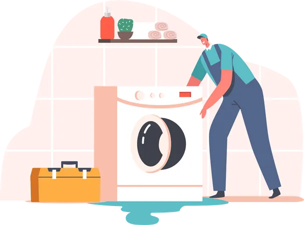 Plumber fixing issues with washing machine Illustration