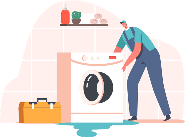 Plumber fixing issues with washing machine  Illustration