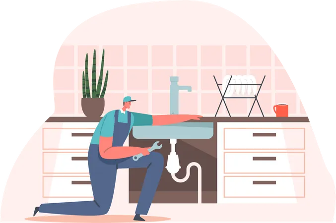 Handyman Character In Uniform Fixing Broken Sink At Home Kitchen Husband For An Hour Repair Service Plumber Call Master Plumbing Work Repairman Household Occupation Cartoon Vector Illustration Illustration