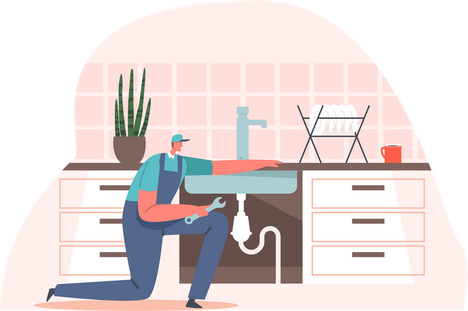 Plumber fixing kitchen sink  Illustration