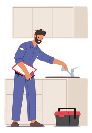 Plumber fixing kitchen sink tap  Illustration