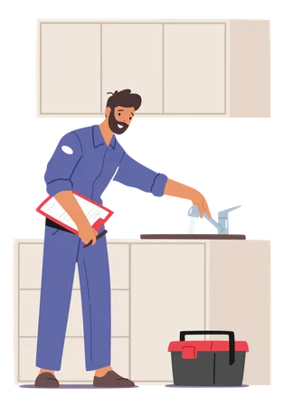 Plumber fixing kitchen sink tap  Illustration