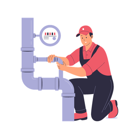 Plumber Fixing Pipes with  Pressure Gauge  Illustration