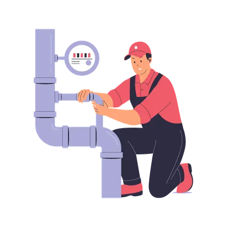 Plumber Fixing Pipes with  Pressure Gauge  Illustration