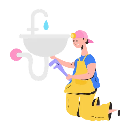 Plumber Fixing Sink Flat Illustration Design Illustration