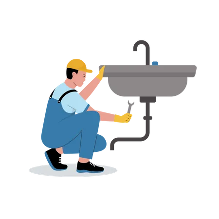 Plumber fixing sink drainage  Illustration