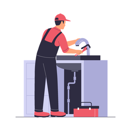 Plumber Fixing Sink Faucet in Kitchen  Illustration