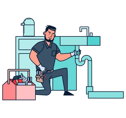 Plumber fixing sink pipe  Illustration