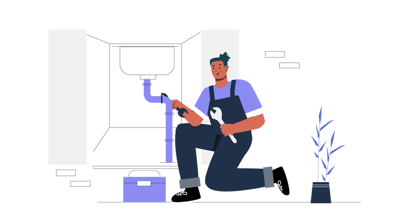 Plumber fixing sink pipe line  Illustration