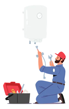Call Master Character In Robe With Toolbox Install Boiler Or Heater Husband For An Hour Repair Service Worker With Wrench Fixing Broken Technics At Home Plumber At Work Cartoon Vector Illustration Illustration