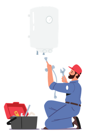 Plumber fixing the issue with the water heater  Illustration
